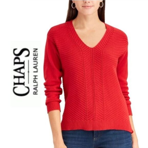 CHAPS, Vibrant red v-neck 100% cotton sweater - Picture 1 of 14